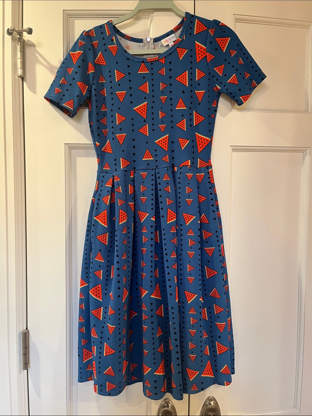 Blue Short-Sleeve Fit-and-Flare Dress with Watermelon Print